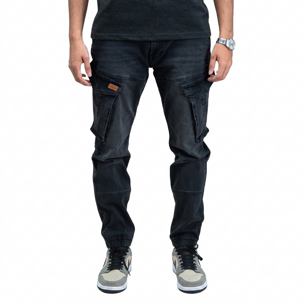 Schwarze Stretch Denim Cargo Jogger