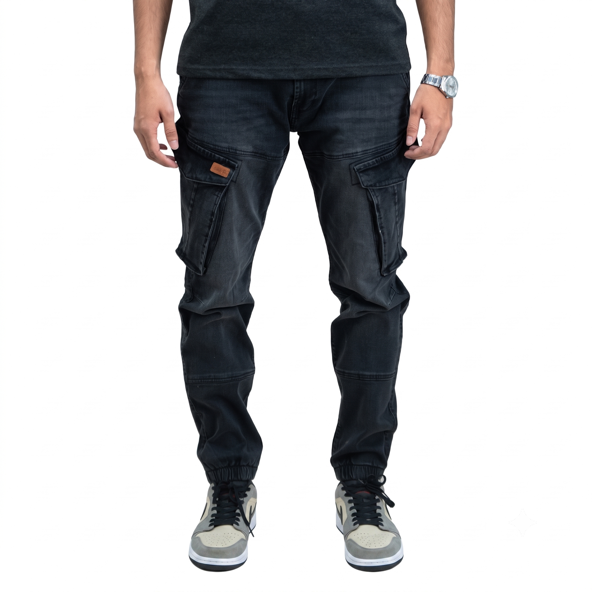 Schwarze Stretch Denim Cargo Jogger