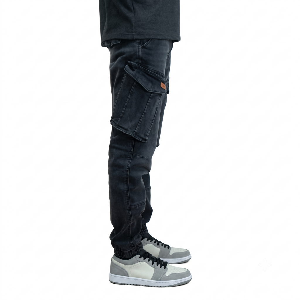 Schwarze Stretch Denim Cargo Jogger
