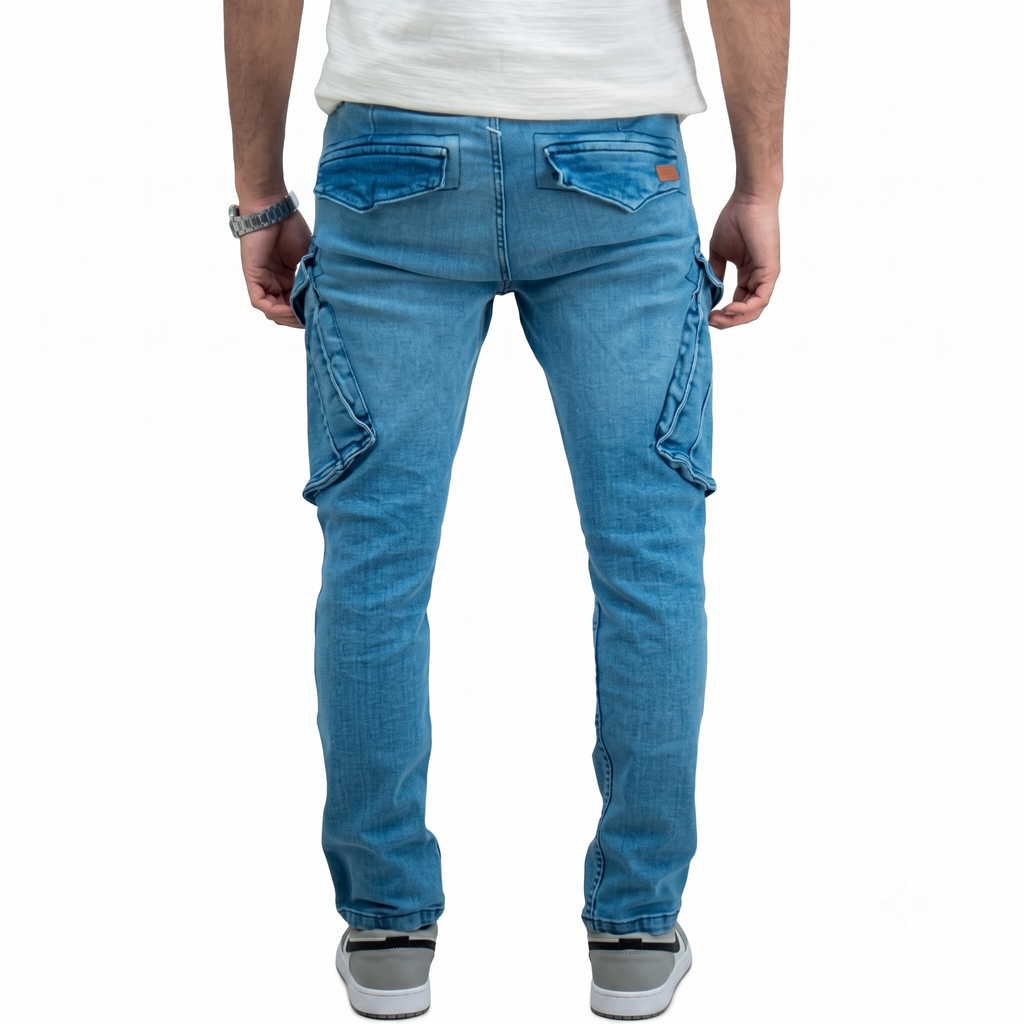Cargo-Jeans – Hellblau – Stretch-Denim