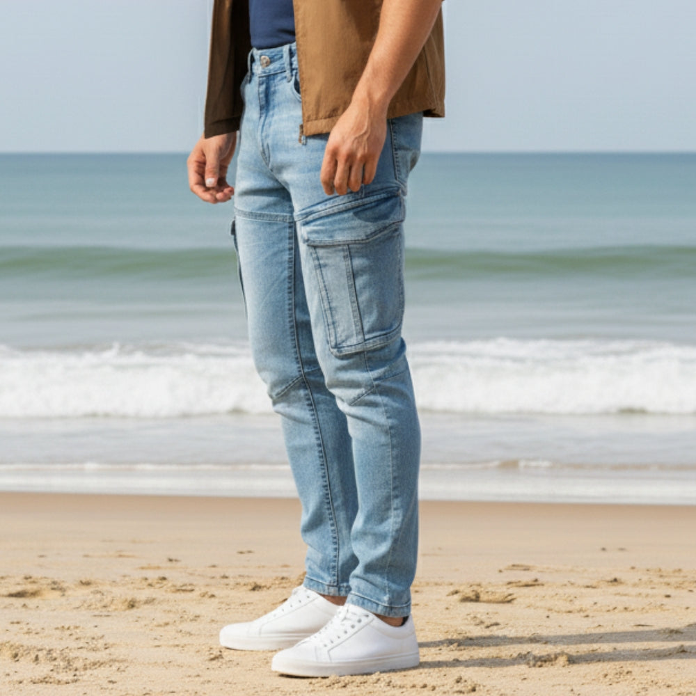 Cargo-Jeans – Hellblau – Stretch-Denim. ZCD-01LB